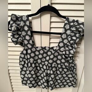 Outerknown Black and White Floral Ruffle Blouse